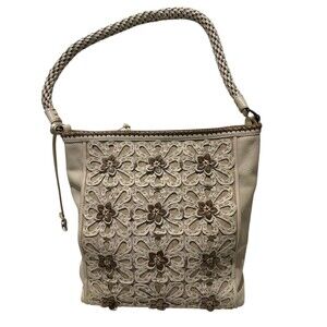 Brighton 3D Masterpiece Ivory Flora Weaved Leather Linen Purse